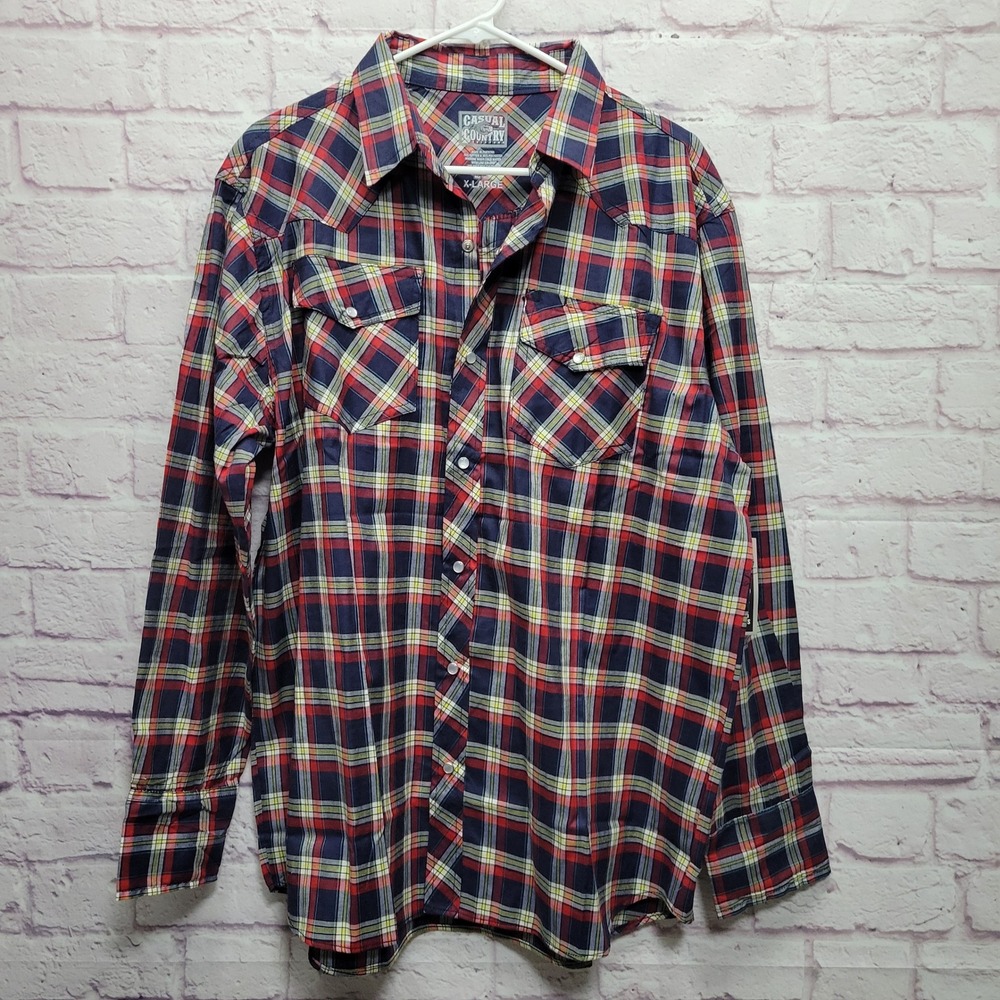 NEW Casual Country Red Plaid Western Shirt Mens XL Pearl Snap Cowboy Ranch Indie